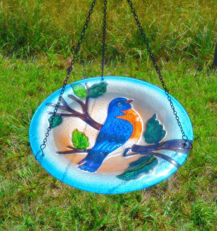 Embossed Bluebird Hanging Glass Bird Bath